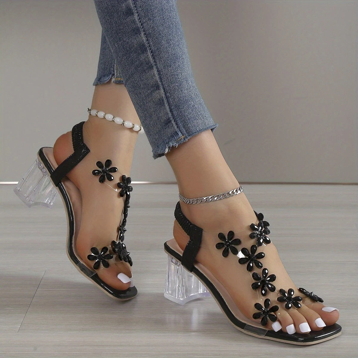 Florencia - Sandalias de tacón ancho con flor