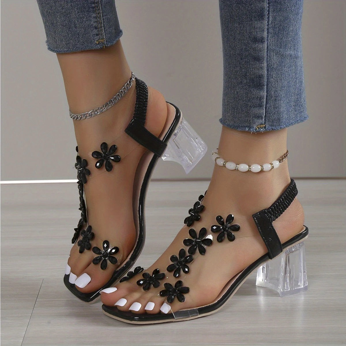 Florencia - Sandalias de tacón ancho con flor