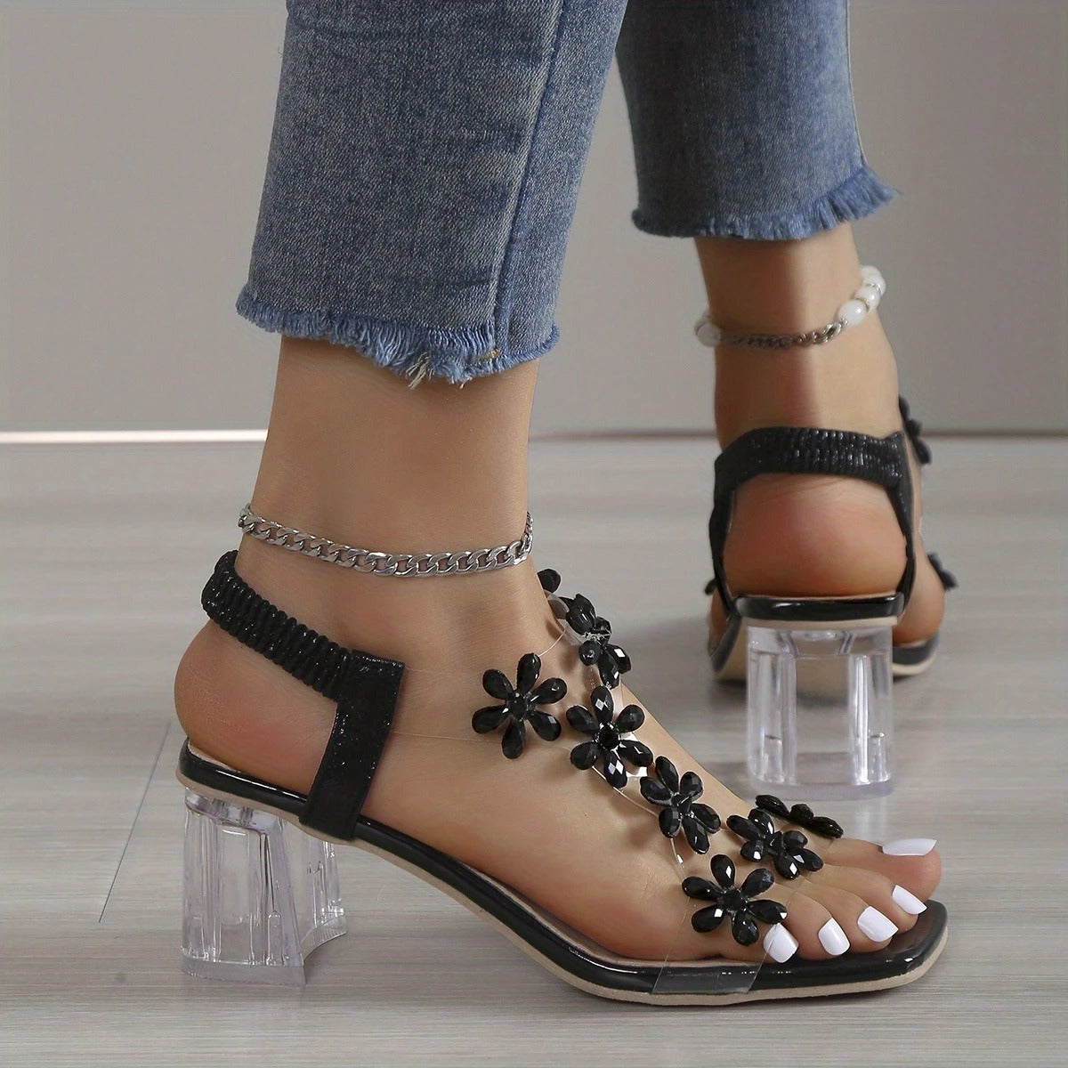 Florencia - Sandalias de tacón ancho con flor