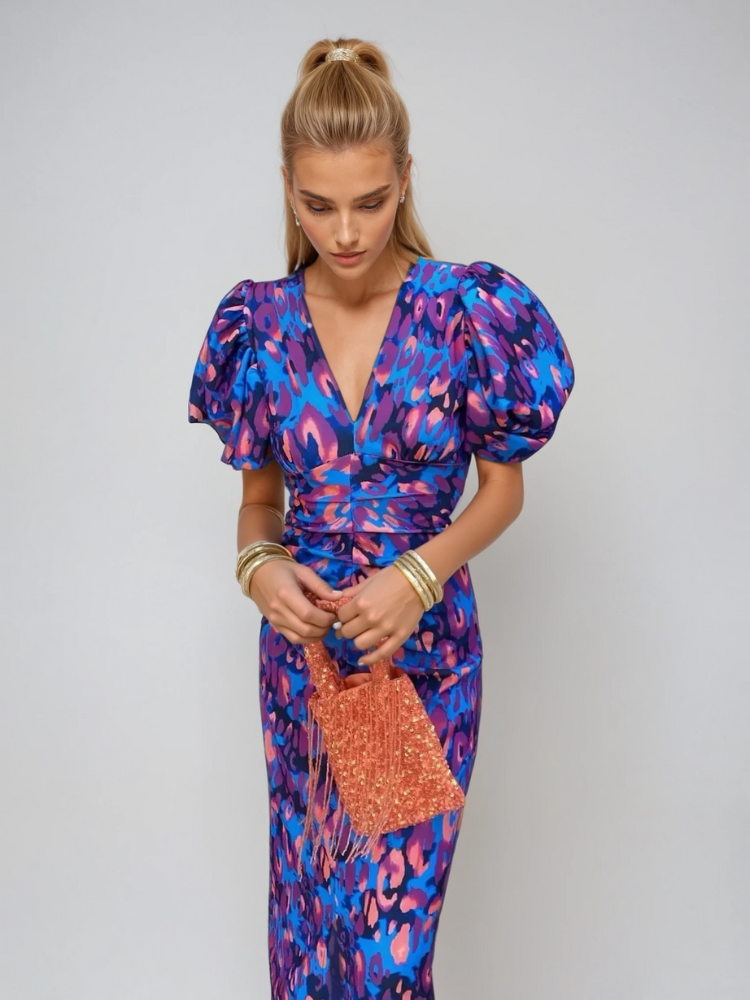 Tzeltia – Vestido midi colorido con mangas plisadas