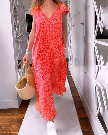 Verónica | Vestido largo con escote en V, estampado y de manga corta
