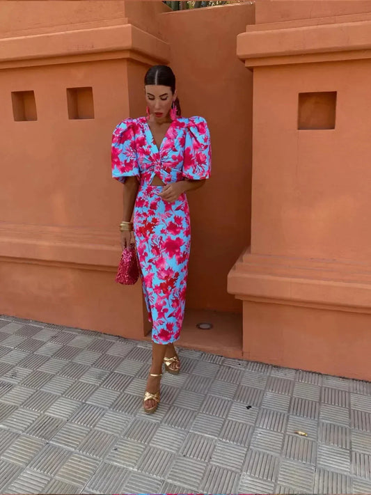 Tzeltia – Vestido midi colorido con mangas plisadas